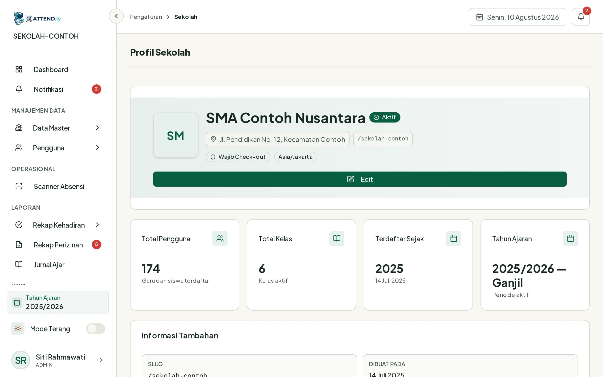 Halaman Pengaturan Sekolah dengan kolom jam masuk, jam pulang, hari aktif, dan zona waktu