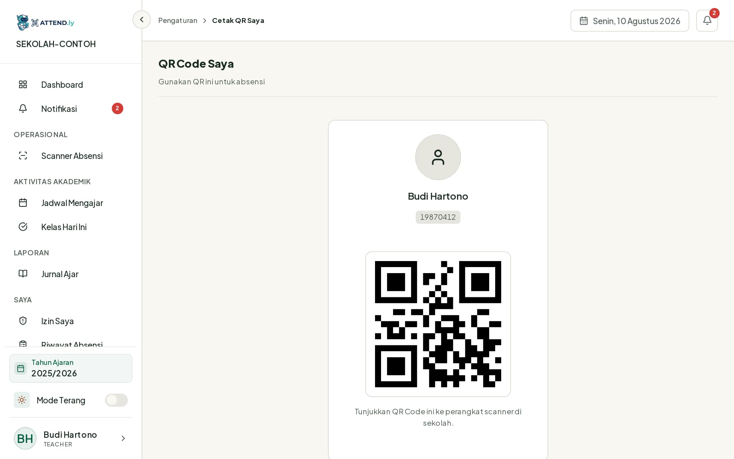Halaman Cetak QR Saya menampilkan kartu QR pribadi beserta tombol unduh