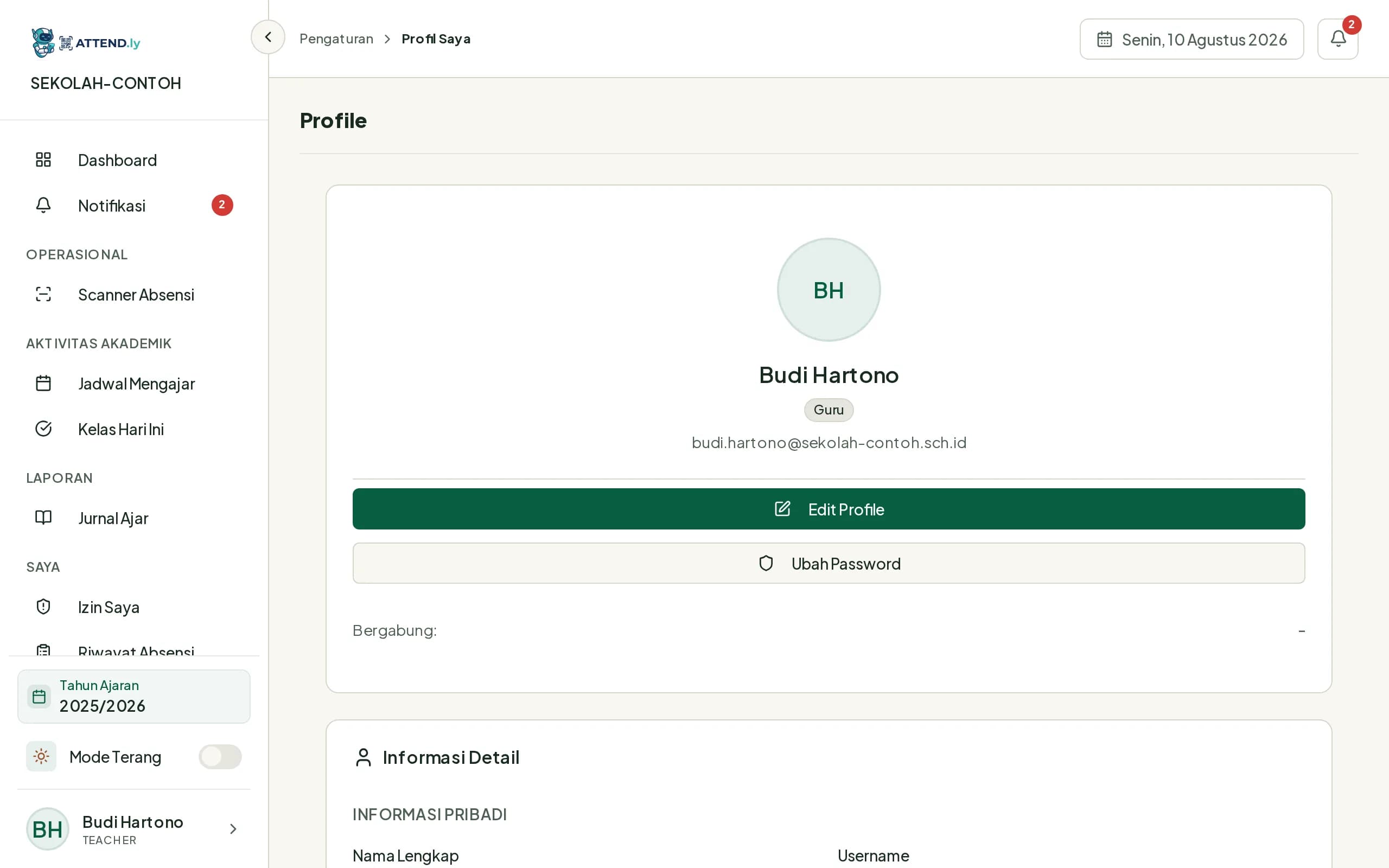 Halaman Profil Saya berisi data diri dan pilihan ganti kata sandi