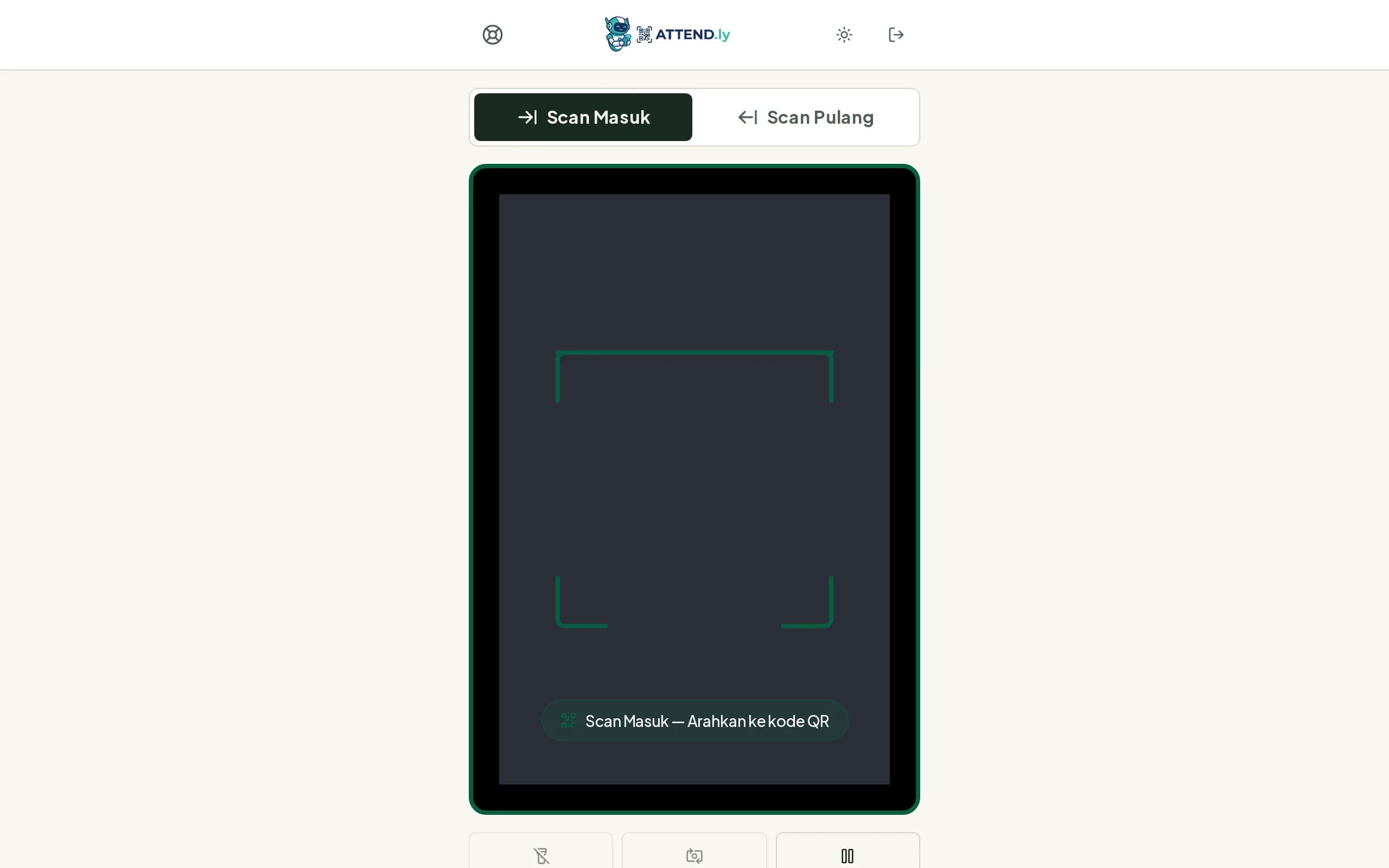Layar pemindai gerbang menampilkan bingkai kamera dan penanda mode Scan Masuk
