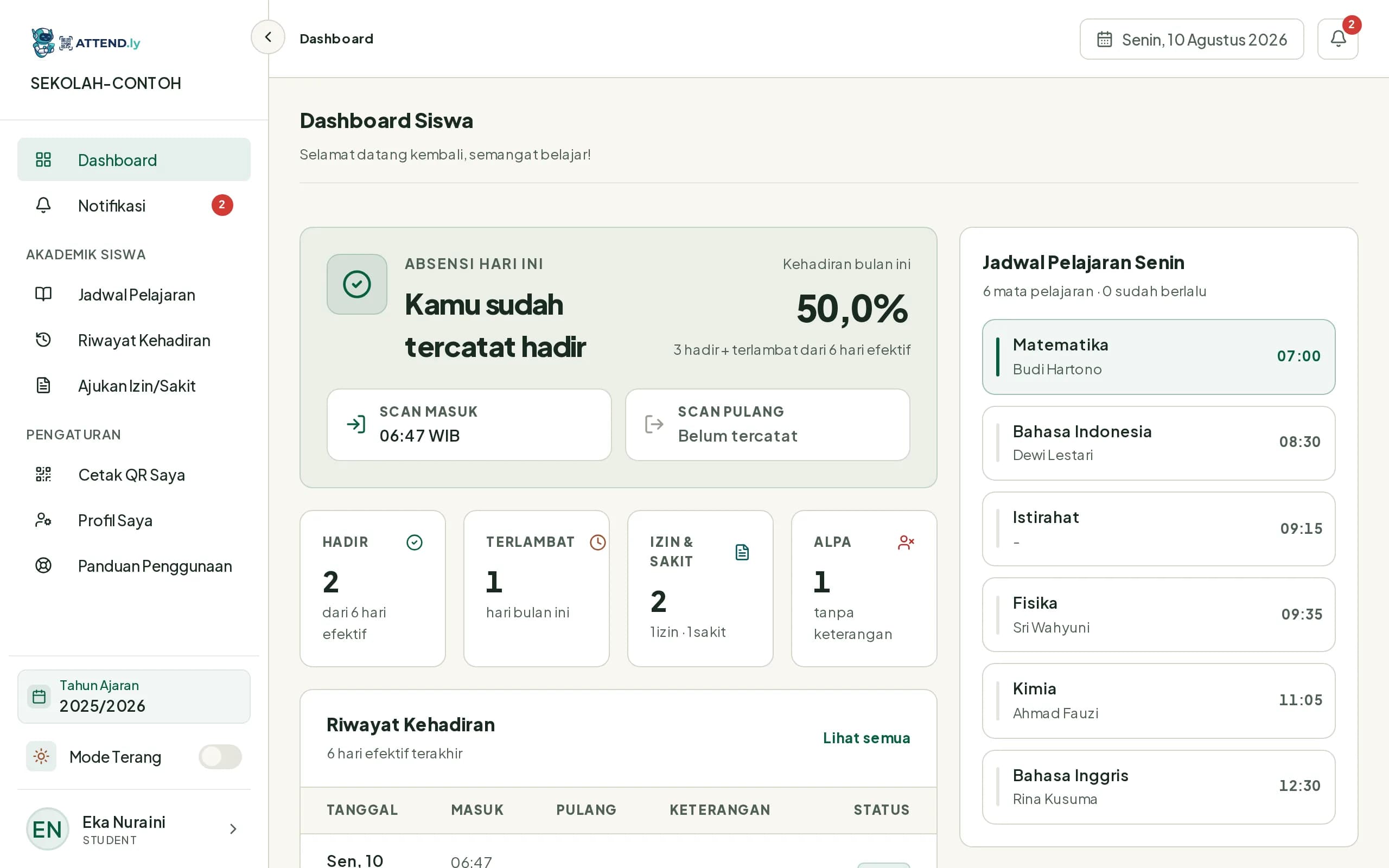 Dashboard siswa dengan banner absensi hari ini, empat kartu rekap bulanan, dan jadwal pelajaran hari ini di kanan