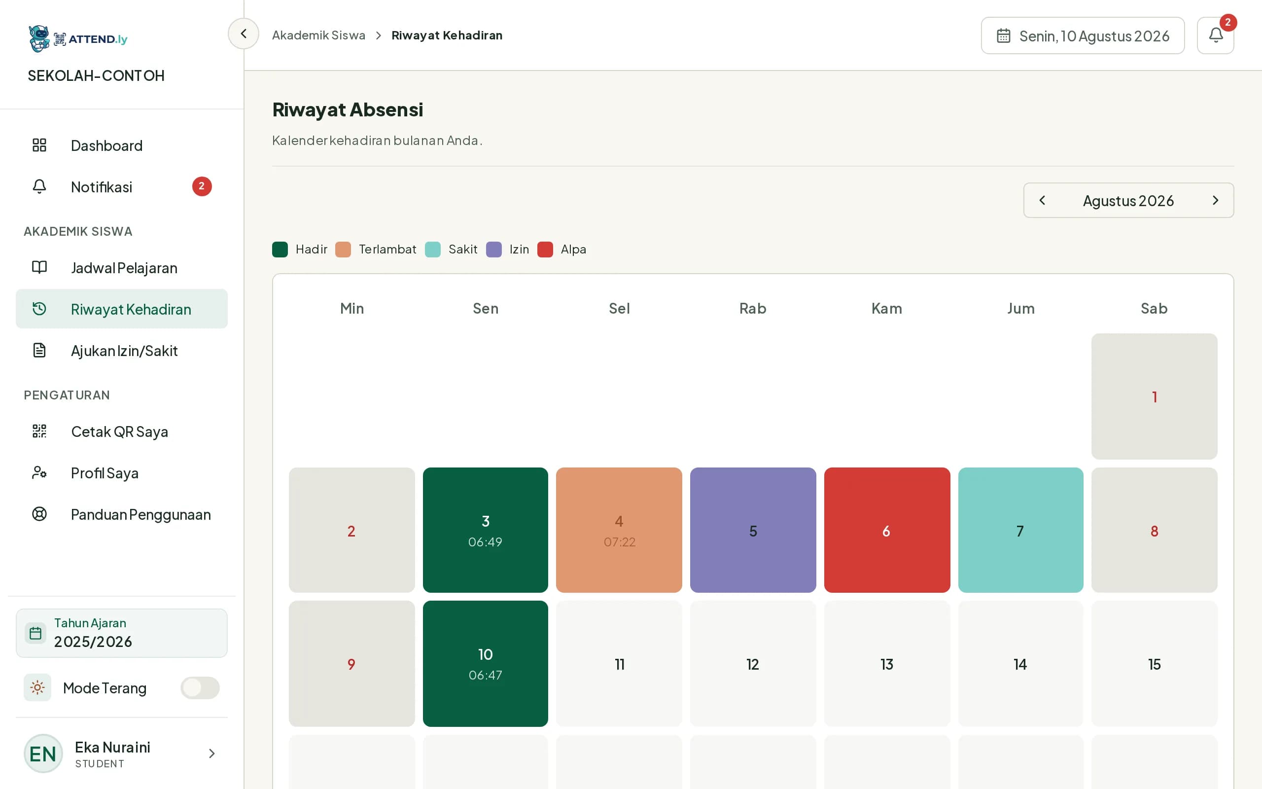 Kalender riwayat kehadiran siswa satu bulan dengan warna berbeda untuk hadir, terlambat, sakit, izin, dan alpa
